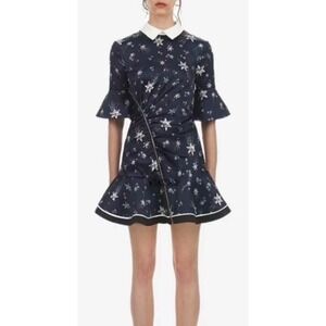 Self-Portrait Celestial Star Print Mini Dress Sz 0 Navy White Collar Ruched Zip